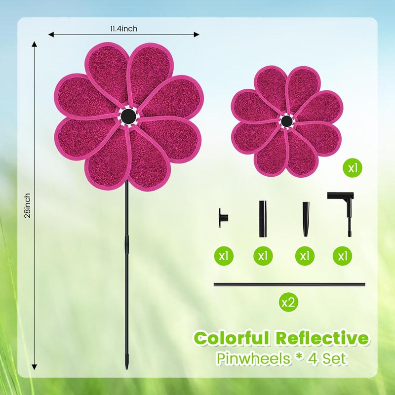 DECEED 4 PCS 11.4" W x 28" H Reflective Pinwheels Sparkly Lawn Wind Spinners Colorful Rainbow Windmill for Garden Decoration Bird Devices Deterrent to Scare Birds Away（Rose Red） - Image 3
